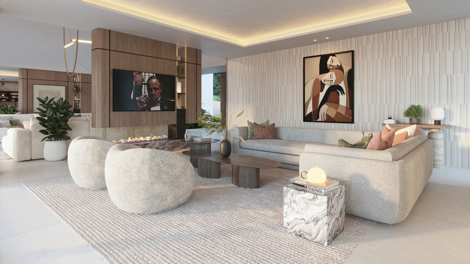 Spacious modern living room with fireplace, comfortable sofa, contemporary art, and stylish furniture, featuring ambient lighting.
