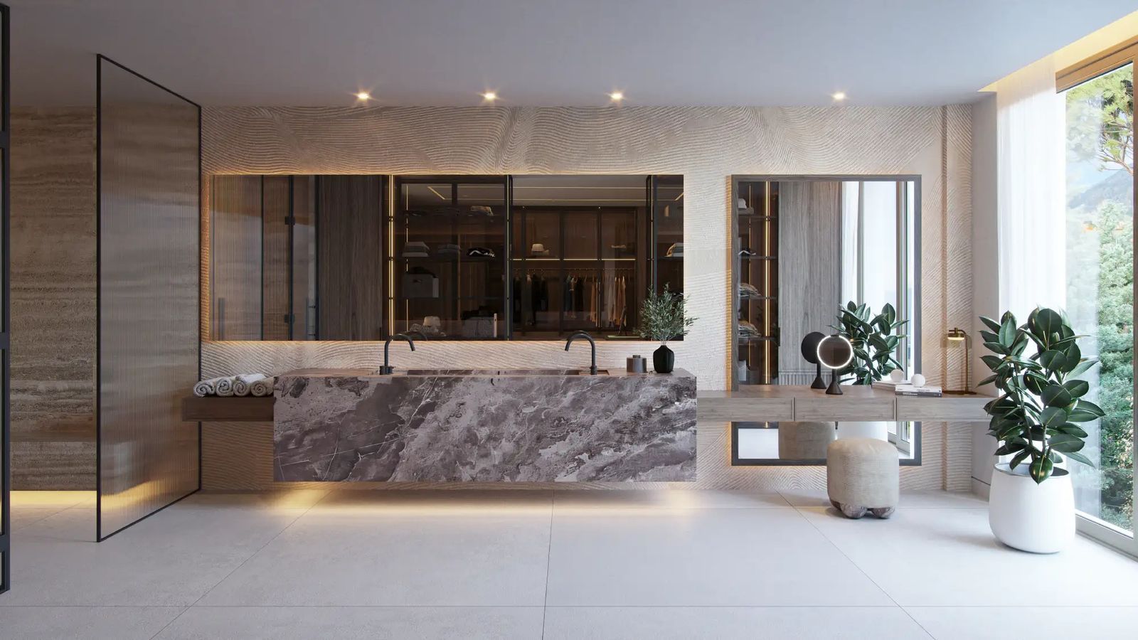 Luxurious modern bathroom with a marble double vanity, walk-in closet, and large window with natural light.