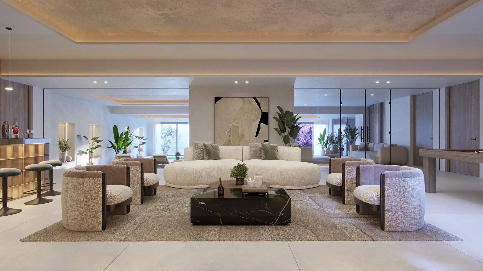 Spacious modern living room with a bar, comfortable seating, coffee table, and a pool table in the background.